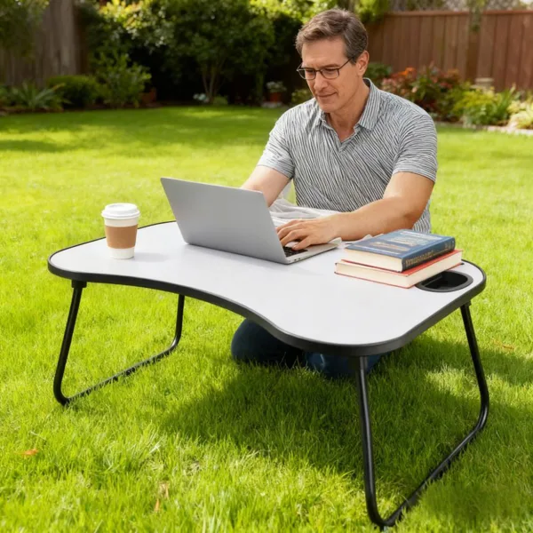 Portable Laptop Desk, Gray And White Matte Metal And Wood Construction, Foldable Design With Cup Holder, 26.5 X 18.5 Inches, For Bed, Car, Couch, Home & Outdoor Use (Grey+White Matte) view 4