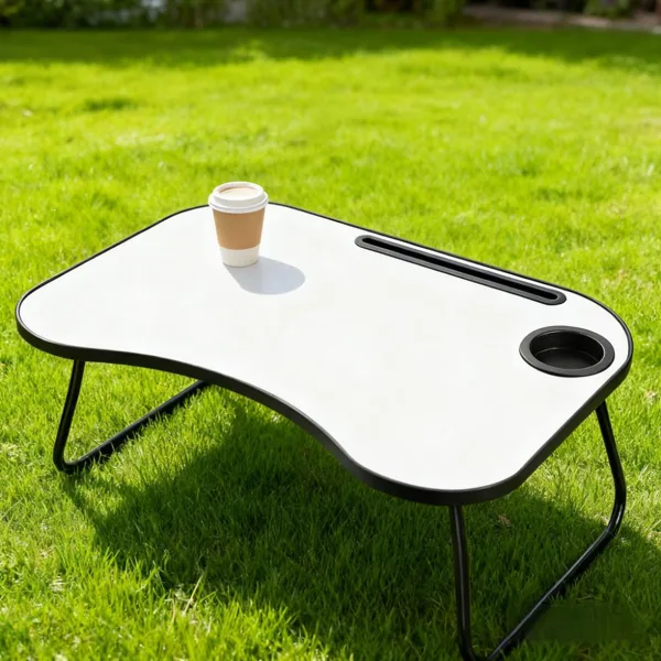 Portable Laptop Desk, Gray And White Matte Metal And Wood Construction, Foldable Design With Cup Holder, 26.5 X 18.5 Inches, For Bed, Car, Couch, Home & Outdoor Use (Grey+White Matte) view 3