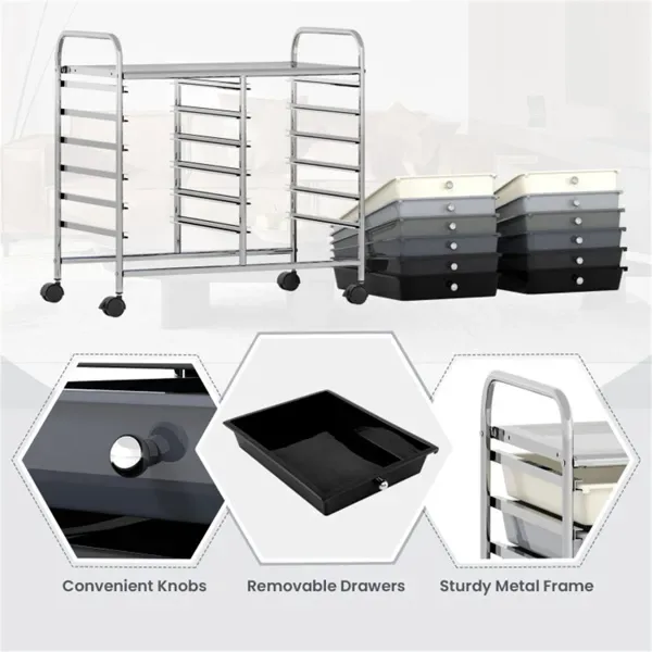 12-Drawer Rolling Storage Cart - 2-Row 10-Storey, Multicolor Drawers, 4 Wheels (2 Brake), -Gray view 2
