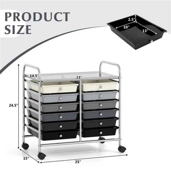 12-Drawer Rolling Storage Cart - 2-Row 10-Storey, Multicolor Drawers, 4 Wheels (2 Brake), -Gray view 3