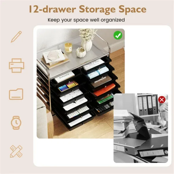12-Drawer Rolling Storage Cart - 2-Row 10-Storey, Multicolor Drawers, 4 Wheels (2 Brake), -Black view 2