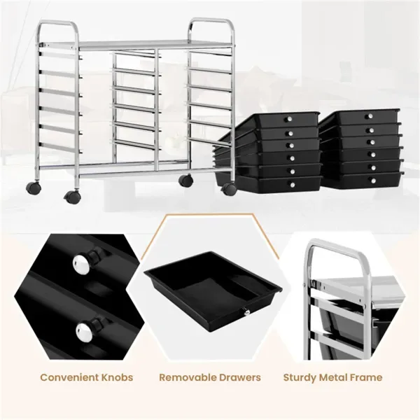 12-Drawer Rolling Storage Cart - 2-Row 10-Storey, Multicolor Drawers, 4 Wheels (2 Brake), -Black view 3