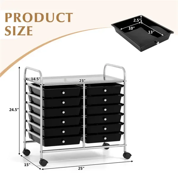 12-Drawer Rolling Storage Cart - 2-Row 10-Storey, Multicolor Drawers, 4 Wheels (2 Brake), -Black view 4