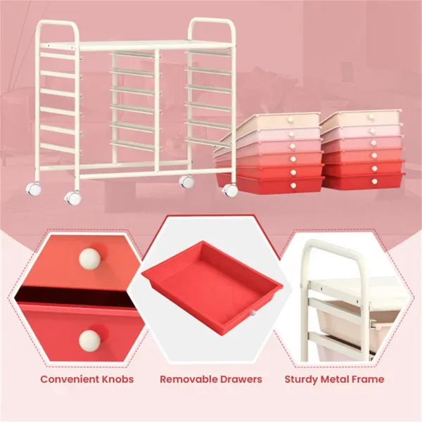 12-Drawer Rolling Storage Cart - 2-Row 10-Storey, Multicolor Drawers, 4 Wheels (2 Brake), White Frame-Pink view 3