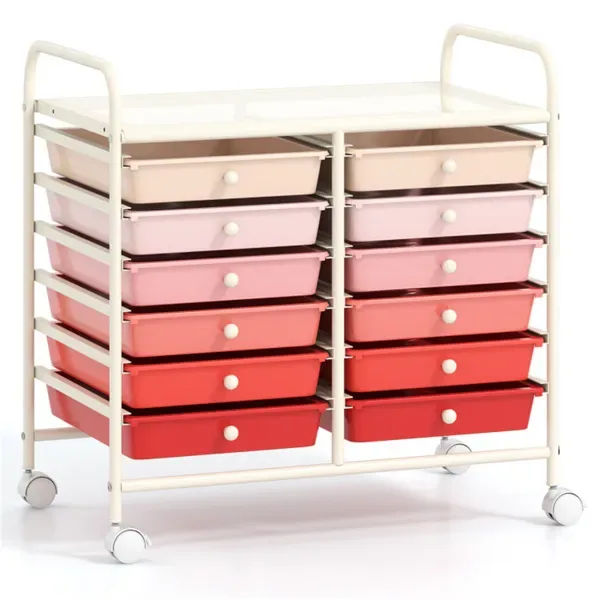 12-Drawer Rolling Storage Cart - 2-Row 10-Storey, Multicolor Drawers, 4 Wheels (2 Brake), White Frame-Pink view 4