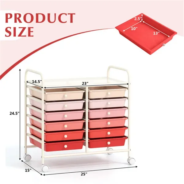 12-Drawer Rolling Storage Cart - 2-Row 10-Storey, Multicolor Drawers, 4 Wheels (2 Brake), White Frame-Pink view 2