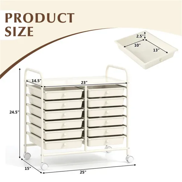 12-Drawer Rolling Storage Cart - 2-Row 10-Storey, Multicolor Drawers, 4 Wheels (2 Brake), White Frame-White view 3