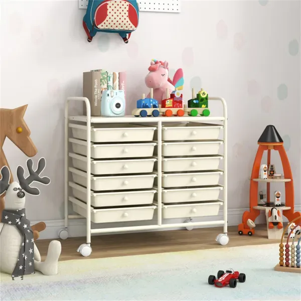 12-Drawer Rolling Storage Cart - 2-Row 10-Storey, Multicolor Drawers, 4 Wheels (2 Brake), White Frame-White view 2