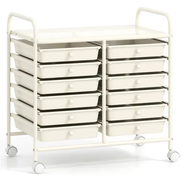12-Drawer Rolling Storage Cart - 2-Row 10-Storey, Multicolor Drawers, 4 Wheels (2 Brake), White Frame-White view 4
