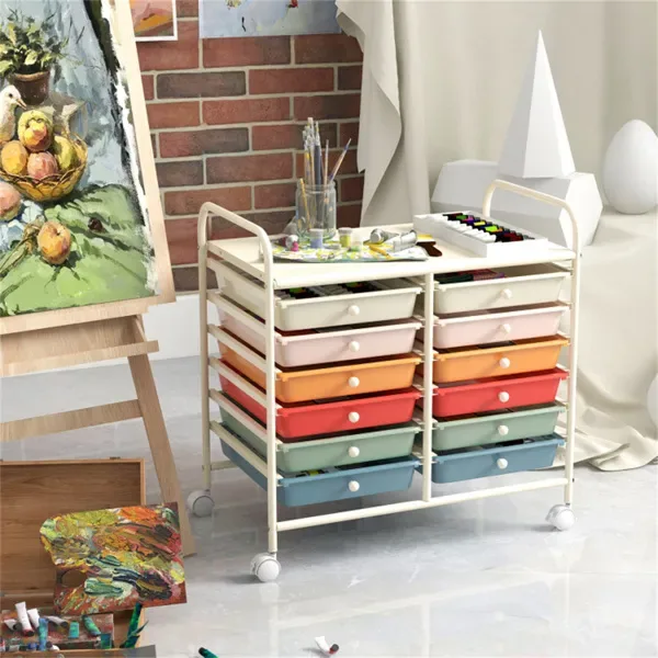 12-Drawer Rolling Storage Cart - 2-Row 10-Storey, Multicolor Drawers, 4 Wheels (2 Brake), White Frame-Macaron view 2