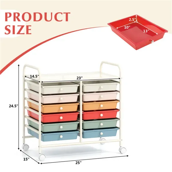 12-Drawer Rolling Storage Cart - 2-Row 10-Storey, Multicolor Drawers, 4 Wheels (2 Brake), White Frame-Macaron view 4
