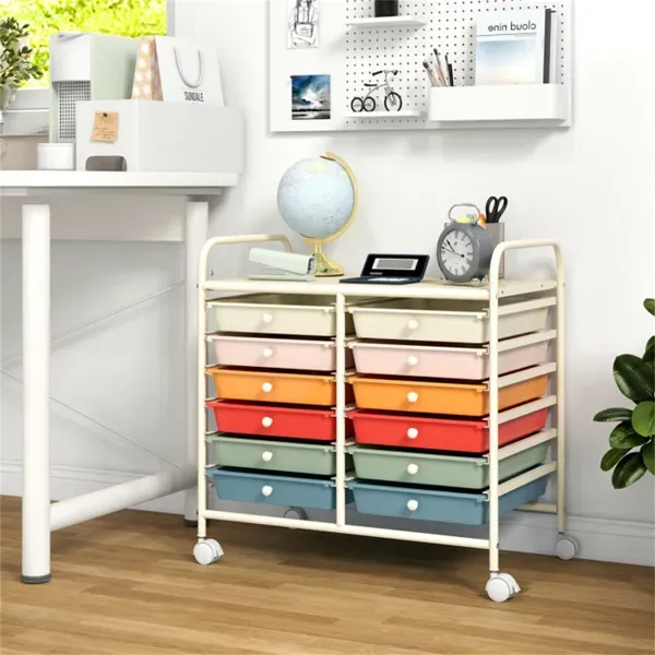 12-Drawer Rolling Storage Cart - 2-Row 10-Storey, Multicolor Drawers, 4 Wheels (2 Brake), White Frame-Macaron view 3
