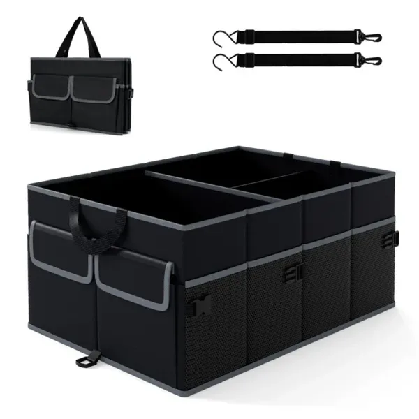 13 Gallon Car Trunk Organizer - 3 Compartments+6 Pockets, 600D Oxford Fabric, Non-Slip Base, Black view 4