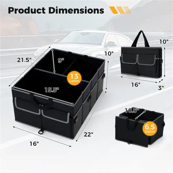 13 Gallon Car Trunk Organizer - 3 Compartments+6 Pockets, 600D Oxford Fabric, Non-Slip Base, Black view 2