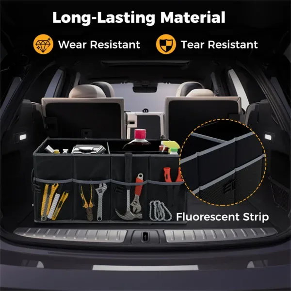 13 Gallon Car Trunk Organizer - 3 Compartments+6 Pockets, 600D Oxford Fabric, Non-Slip Base, Black view 3