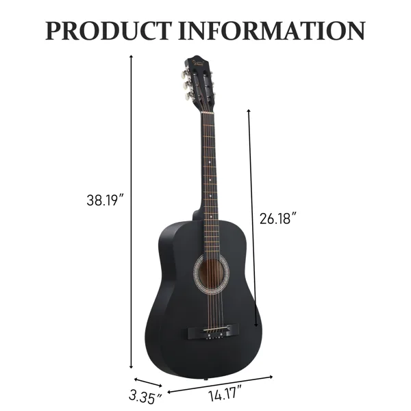 Matte Black 38-inch Round Acoustic Guitar With Picks, Strings, Capo, Case, Tuner, And Strap view 3