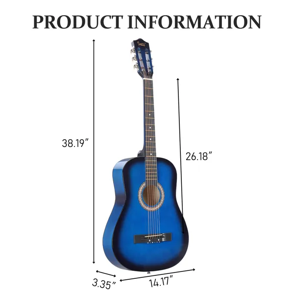 Blue 38-inch Round Acoustic Guitar With Picks, Strings, Capo, Case, Tuner, And Strap view 4