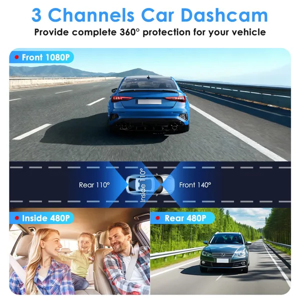 3 Channel Dash Cam For Cars, 1080P Full HD Front Camera (140° Wide View) With 480P Interior & Rear Cameras, 360° Vehicle Protection, Picture-in-Picture Display For Collision Evidence view 2
