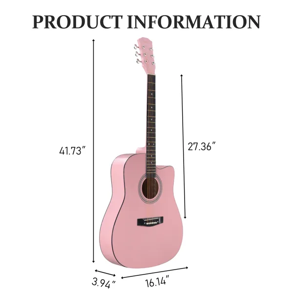 Pink 41-inch Dreadnought Barrel-shaped Cutaway Acoustic Guitar With Pick, Strings, Capo, Gig Bag, Tuner, Wrench Tool, And Shoulder Strap view 3