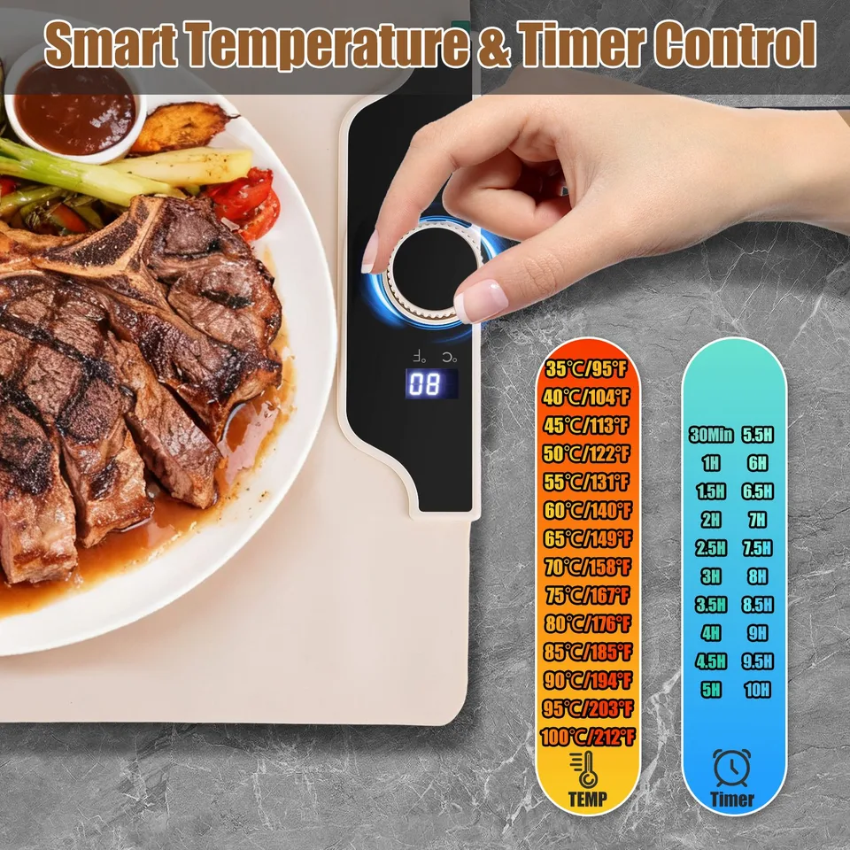 Food Warming Mat 23.6X15.8 In 300W Fast Heating Electric Silicone Food Warmer With 14 Temp Levels 10 Hrs Timer Settings Roll-Up Portable Hot view 2