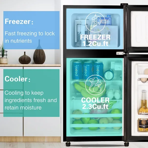 KRIB BLING 3.5 Cu.Ft Compact Refrigerator Mini Fridge With Freezer, Small Refrigerator With 2 Door, 7 Level Thermostat Removable Shelves For view 3
