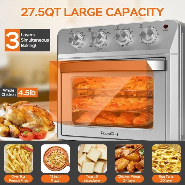 27.5QT 6-in-1 Air Fryer Toaster Oven Dropdown-Door 6-Slice Countertop Convection Oven For Air Frying, Baking, Roasting, Broiling & Grilling