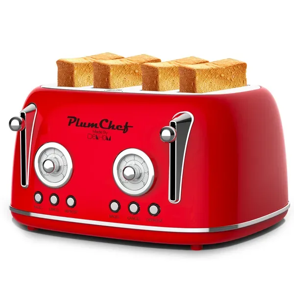 4 Slice Retro Style Toaster, Dual Control Toaster With Warming Rack, 6 Browning Settings, Bagel/Defrost Functions, Removable Crumb Tray, Stainless Steel Housing 1650W, Red