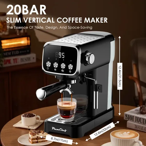20 BAR Slim Vertical Espresso Machine With Milk Frother, Built-in Cup Warmer, 43 OZ Detachable Tank, For Rich Espresso, Americano, Latte view 2