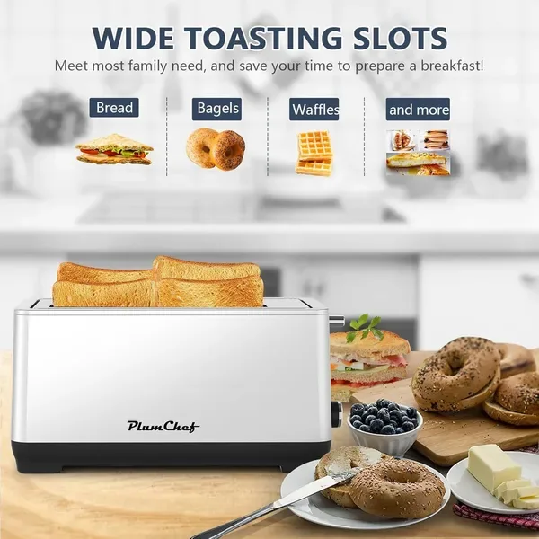 4-Slice Toaster, Extra Wide Long Slot Toaster, 6 Browning Settings, Bagel/Defrost/Reheat Functions, Removable Crumb Tray, Stainless Steel view 4