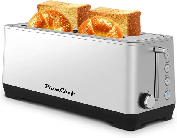 4-Slice Toaster, Extra Wide Long Slot Toaster, 6 Browning Settings, Bagel/Defrost/Reheat Functions, Removable Crumb Tray, Stainless Steel