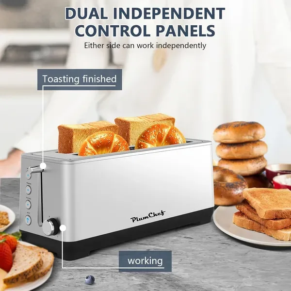 4-Slice Toaster, Extra Wide Long Slot Toaster, 6 Browning Settings, Bagel/Defrost/Reheat Functions, Removable Crumb Tray, Stainless Steel view 2