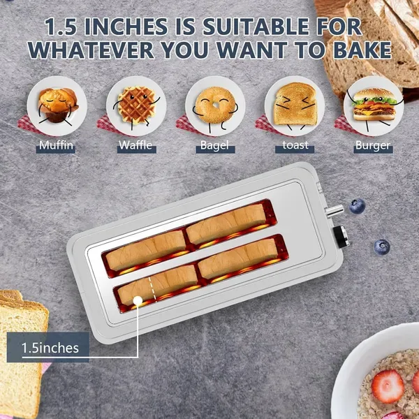 4-Slice Toaster, Extra Wide Long Slot Toaster, 6 Browning Settings, Bagel/Defrost/Reheat Functions, Removable Crumb Tray, Stainless Steel view 3
