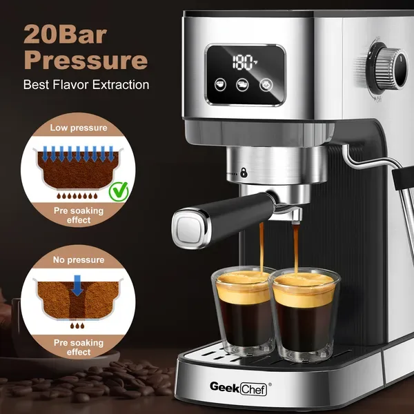 Geek Chef Espresso Machine, Cappuccino & Latte Machine With ESE POD Filter & Milk Frother Steam Wand, Accurate Temperature & Time Control view 4