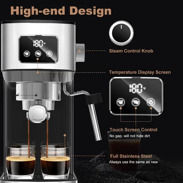 Geek Chef Espresso Machine, Cappuccino & Latte Machine With ESE POD Filter & Milk Frother Steam Wand, Accurate Temperature & Time Control view 3