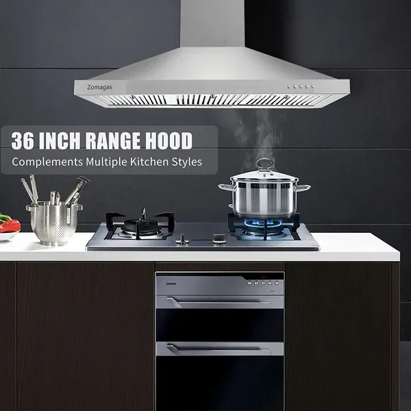 Range Hood 36 Inch; Wall Mount Vent Hood In Stainless Steel With Ducted/Ductless Convertible Duct; 3 Speed Exhaust Fan; Energy Saving LED view 3