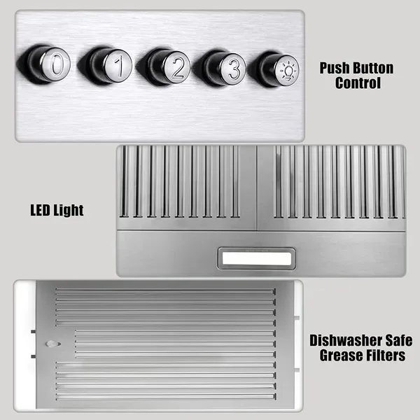 Range Hood 36 Inch; Wall Mount Vent Hood In Stainless Steel With Ducted/Ductless Convertible Duct; 3 Speed Exhaust Fan; Energy Saving LED view 4