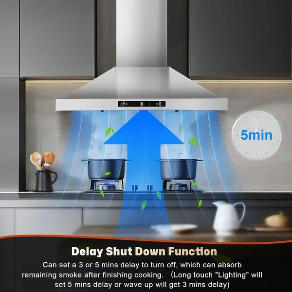 24 Inch Range Hood, Ducted/Ductless Range Hood 450CFM, Wall Mount Kitchen Hood In Stainless Steel, Gesture Sensing & Touch Control, 3 Speed view 3