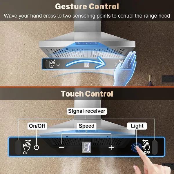 24 Inch Range Hood, Ducted/Ductless Range Hood 450CFM, Wall Mount Kitchen Hood In Stainless Steel, Gesture Sensing & Touch Control, 3 Speed view 2