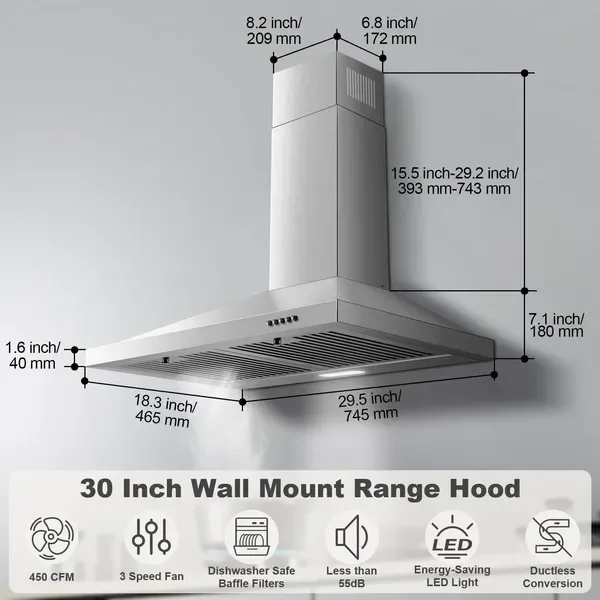 Range Hood 30 Inch, Wall Mount Range Hood Ducted/Ductless, Kitchen Hood In Stainless Steel, Vent Hood With Baffle Filters, 3 Speed Fan, Push view 3