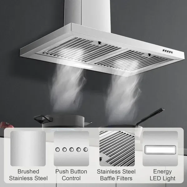 Range Hood 30 Inch, Wall Mount Range Hood Ducted/Ductless, Kitchen Hood In Stainless Steel, Vent Hood With Baffle Filters, 3 Speed Fan, Push view 2