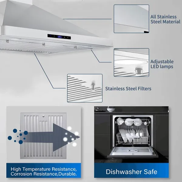 30/36 Inch Range Hood 700CFM Wall Mount Stainless Steel Touch Control 3-speed Stove Vent view 4