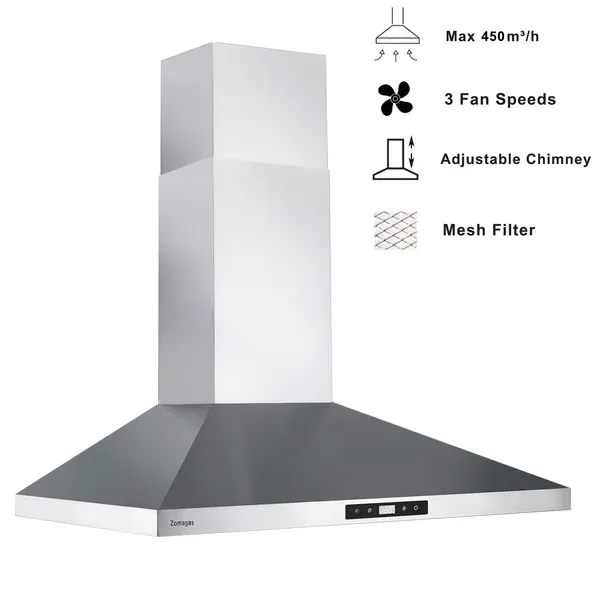 30 Inch Range Hood Wall Mounted 450 CFM Touch Panel Kitchen Stainless Steel Vented view 2