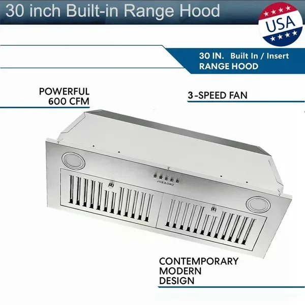 30 Inch Insert Range Hood 600 CFM; Built-in Stainless Steel Range Hoods With Right Button Controls And Back LED Lights; Kitchen Hood For