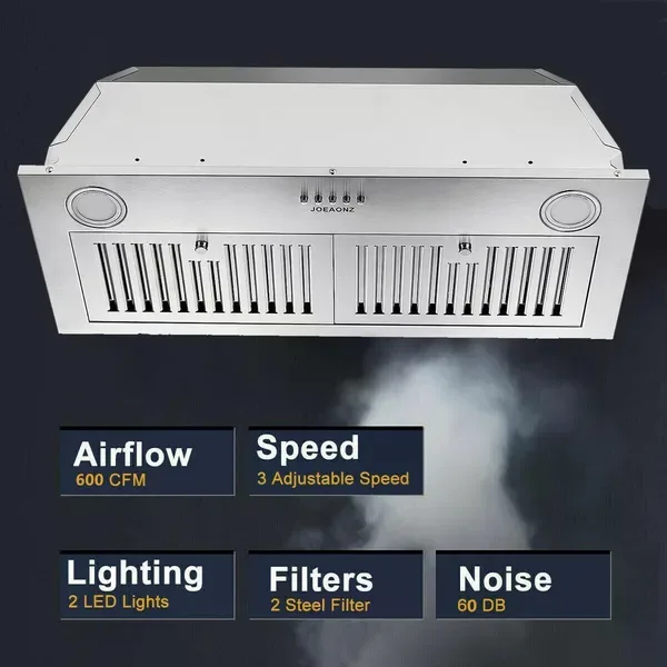 30 Inch Insert Range Hood 600 CFM; Built-in Stainless Steel Range Hoods With Right Button Controls And Back LED Lights; Kitchen Hood For view 2