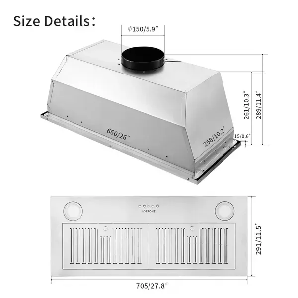 30" Built-In Insert Range Hood 600CFM Kitchen Vent LEDs Convertible Fan Sliver view 3