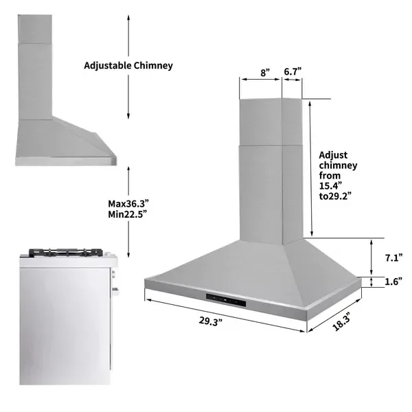 Range Hood 30 Inch, Vent Hoods 30 Inch Stainless Steel, 450 CFM Ductless/Ducted Convertible Kitchen Hood With LED Light Baffle Filters, 3 view 2