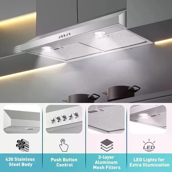 30 Inch Kitchen Under Cabinet Range Hood 500 CFM Stainless Steel 3-Speed view 2