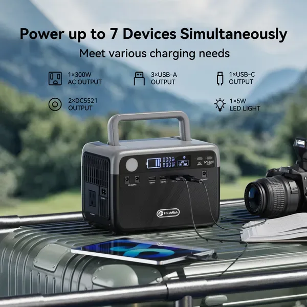 Flashfish 300W Power Station + 60W Solar Panel 230.4 Wh Li FePO4 (Peak 600W) Solar Generator AC Outlets Portable Power Station,Power Bank view 3