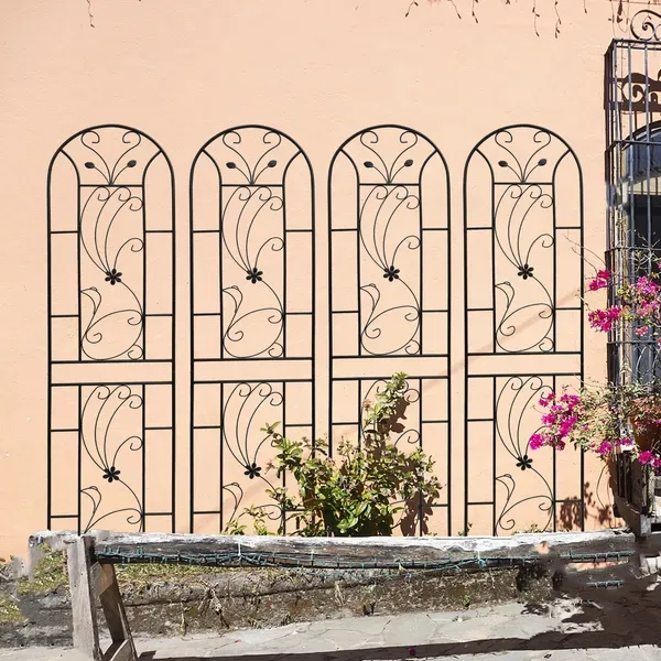 4 Pack Metal Garden Trellis 86.7" X 19.7" Rustproof Trellis For Climbing Plants Outdoor Flower Support Peacock Style Black