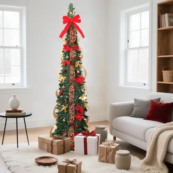 6ft Pop Up Prelit Pencil Artificial Christmas Tree With Remote Control, Slim Collapsible Christmas Tree Pre-Decorated Red&Gold Decorations view 4